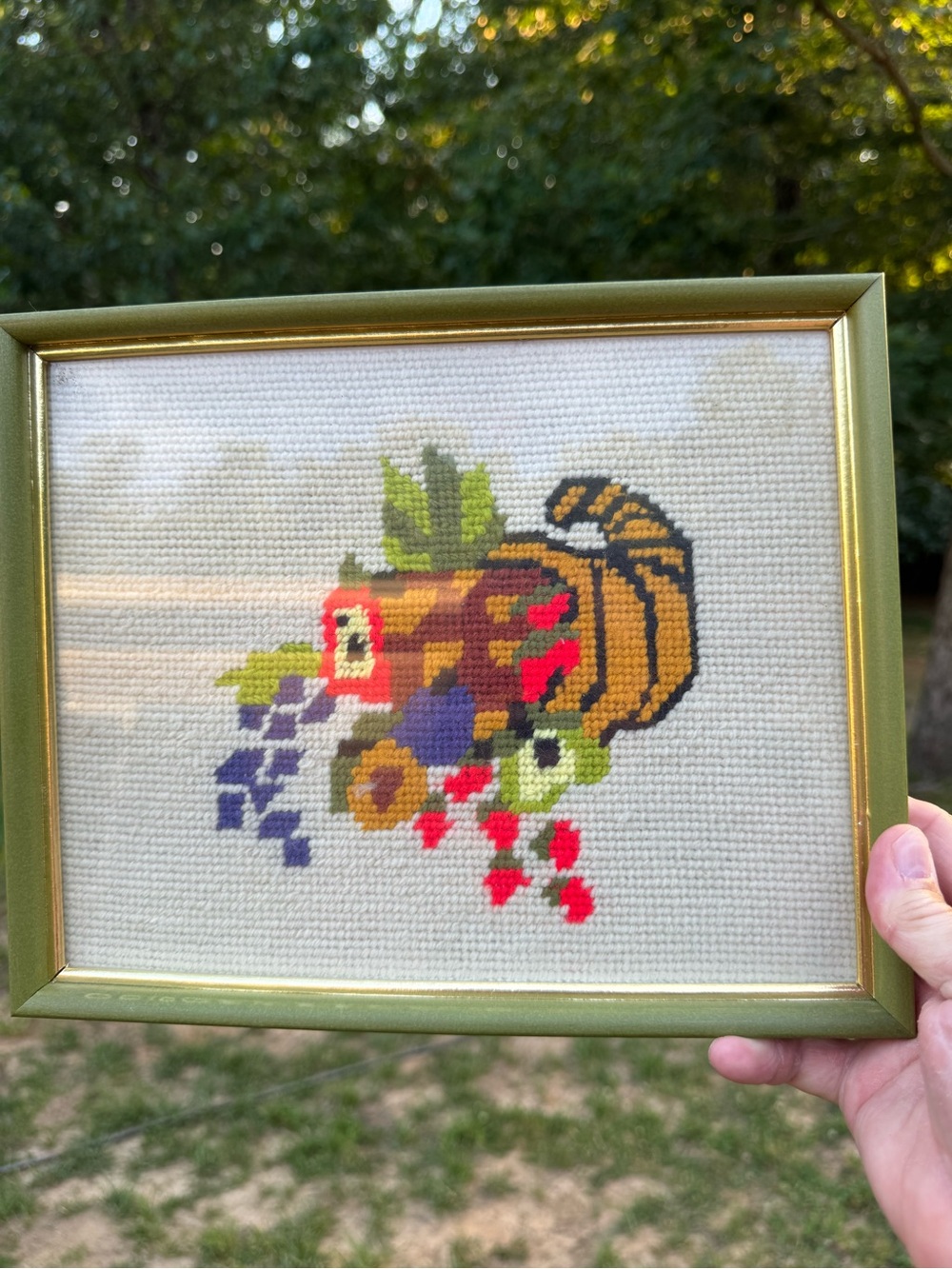 Vintage Needlepoint Framed Wall Art MCM Beautiful Flower And Fruit Cornucopia